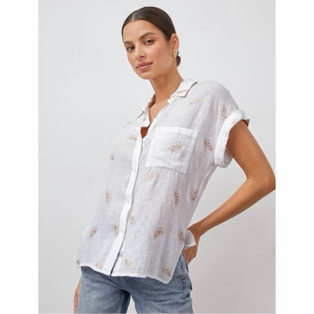 Rails Whitney White Button-Up Short Sleeve Linen Shirt with Glitter Lemon Slices
